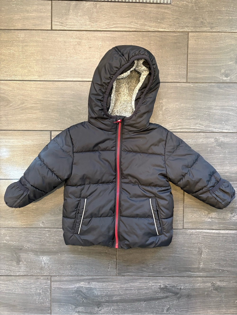 wonder nation Black Hooded Puffer Jacket with Red Zipper